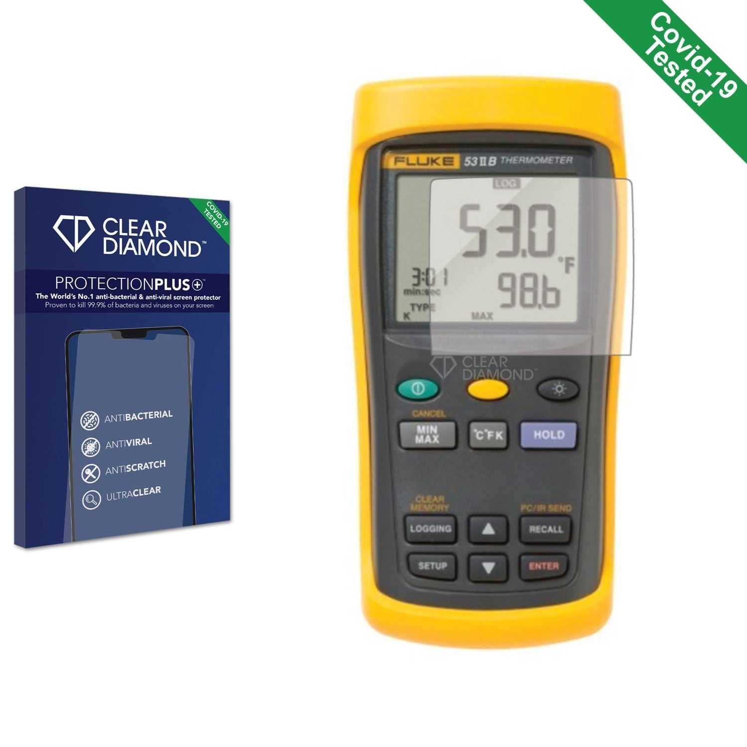 ScreenShield, Clear Diamond Anti-viral Screen Protector for Fluke 53 II Digital Thermometer